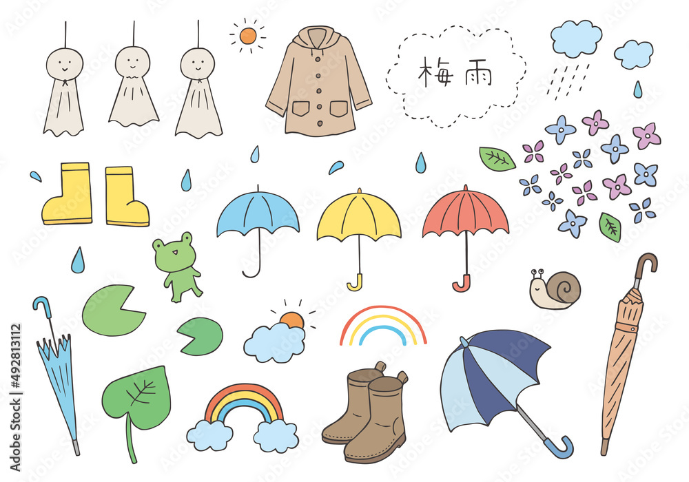 梅雨にまつわる手描きイラストセット（カラー） vector de Stock | Adobe Stock