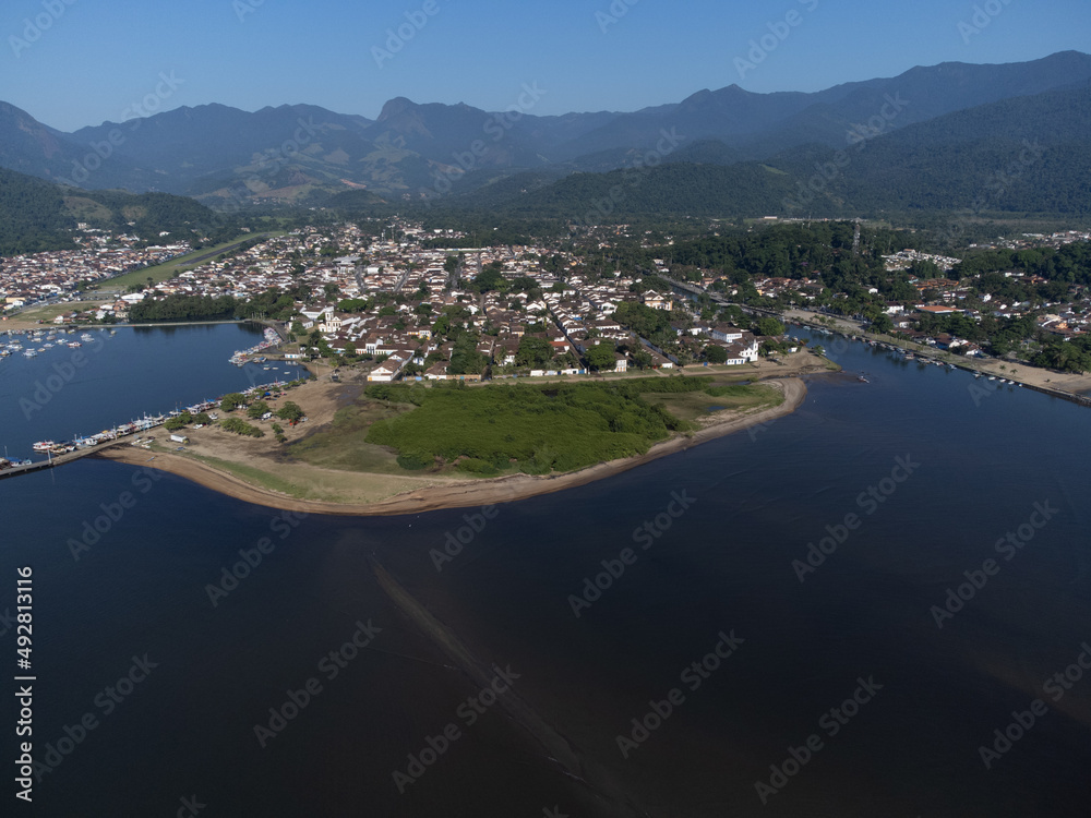 Paraty, one of the oldest historic cities in Brazil, dates back to the colonial era. Top view by drone. Aerial view.