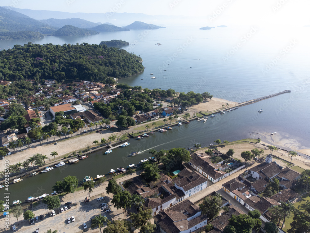 Paraty, one of the oldest historic cities in Brazil, dates back to the colonial era. Top view by drone. Aerial view.