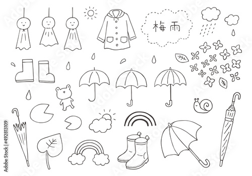 梅雨にまつわる手描きイラストセット（モノクロ）