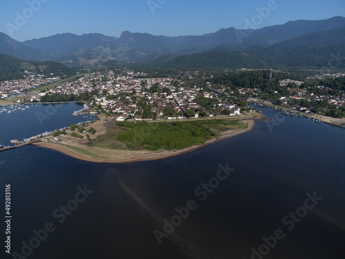 Paraty, one of the oldest historic cities in Brazil, dates back to the colonial era. Top view by drone. Aerial view.