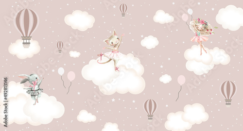 Naklejka na ścianę Children's photo wallpapers, wall decor in the children's room. Interior design. Wallpapers for kids. Cartoon characters on clouds.