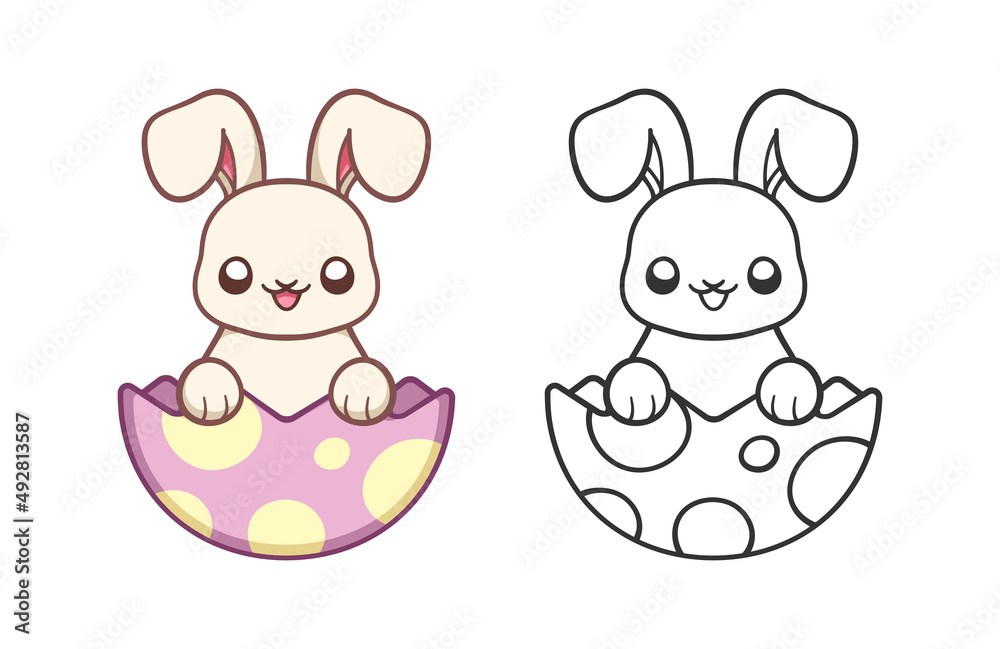 Easter bunny inside cracked egg, cute cartoon illustration