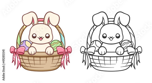Easter bunny inside woven basket with colorful Easter eggs cartoon illustration. Easy coloring work sheet for kids