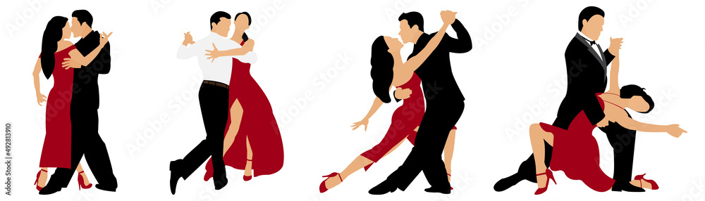 Set of dancing couples. Ladies and gentlemen dancing tango. Men and women dance tango. Vector illustration isolated on white background