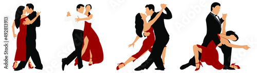 Set of dancing couples. Ladies and gentlemen dancing tango. Men and women dance tango. Vector illustration isolated on white background