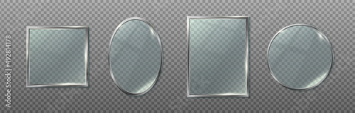 3d realistic vector icon set. Collection of transparent frame in silver mirrors in square, oval, rectangular and round shape.