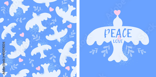 dove of peace cute illustration. hand drawing vector illustration for poster. peace day. white bird of hope. peace and love.