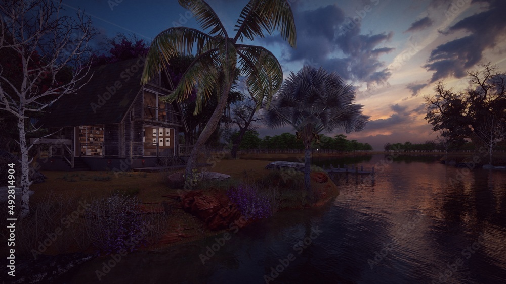 Fototapeta premium wooden house in front of the lake 3d illustration