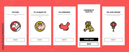 Chinese Horoscope And Accessory Onboarding Mobile App Page Screen Vector. Rabbit And Monkey, Goat And Snake, Dragon And Horse Chinese Horoscope Animal . Lantern And Plum Tree Branch Illustrations