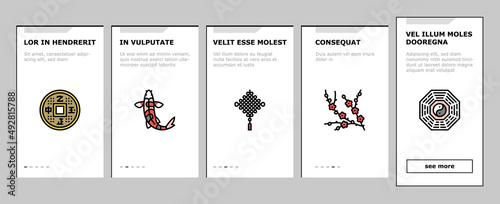 Chinese Horoscope And Accessory Onboarding Mobile App Page Screen Vector. Rabbit And Monkey, Goat And Snake, Dragon And Horse Chinese Horoscope Animal . Lantern And Plum Tree Branch Illustrations