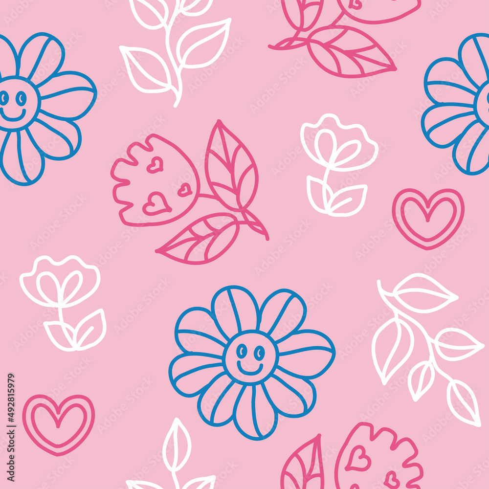 Seamless pattern with hand drawn doodle flowers. Trendy, lovely design, perfect for prints and patterns, textile, fabric, children background. Groovy, retro decoration. Spring linear decor