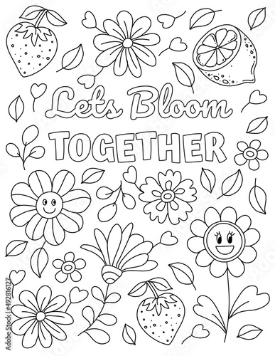 Positive, Inspirational Hand drawn coloring pages for kids and adults. Beautiful drawings with patterns and details. Coloring book pictures with blooming branches, flowers, smile, stickers, quotes