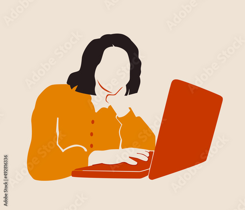 Woman portrait, girl sitting with the computer. Online freelance work. 