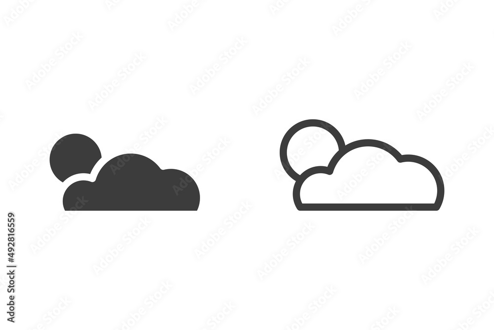 Cloud and sun flat vector illustration glyph style design with 2 style icons black and white. Isolated on white background. Travel icons. Cloud and sun flat vector illustration glyph style design with 2 style icons black and white. Isolated on white background. Travel icons.