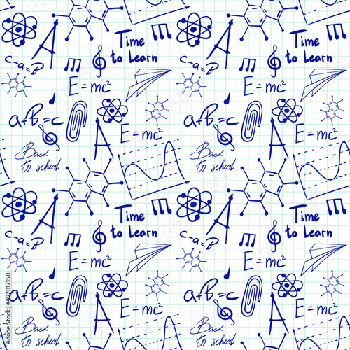 Vector seamless pattern with hand drawn school symbols. Physics, chemistry, biology. Science elements are drawn with a line. Background for children and students	