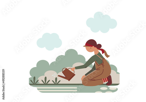 Cartoon girl in overalls watering plants in the garden.