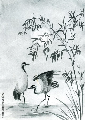 Obraz namalowane czaple nad jeziorem