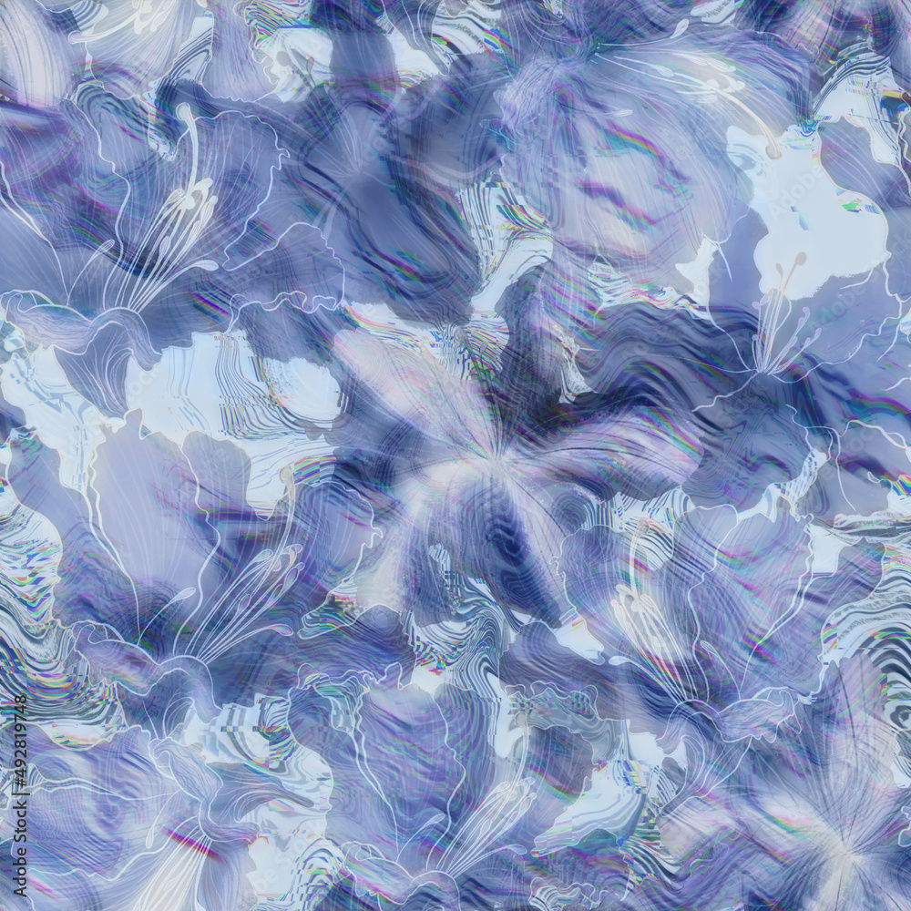 Obraz premium Seamless trendy patterns with teal turquoise azalea and rhododendron flowers. Beautiful cool monocolor pattern in cool gentle teal green tones. Design for fabric, graphics, wallpapers, textiles.