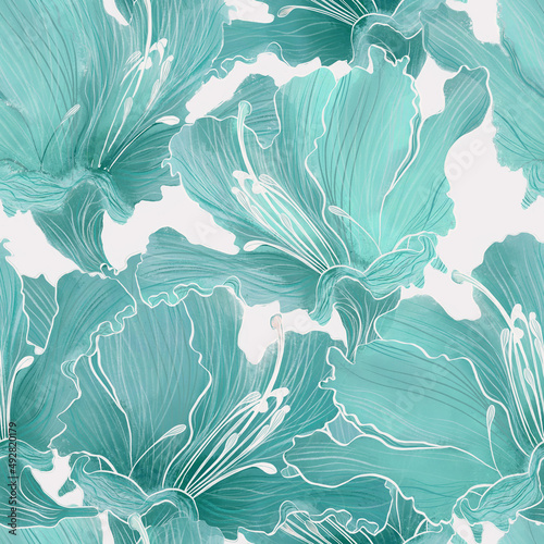 Seamless trendy patterns with teal turquoise azalea and rhododendron flowers. Beautiful cool monocolor pattern in cool gentle teal green tones. Design for fabric, graphics, wallpapers, textiles.