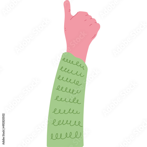 hand up with green sleeve