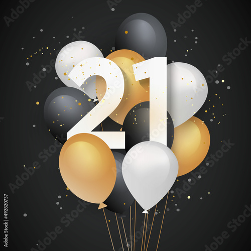 Happy 21th birthday balloons greeting card background. 21 years anniversary. 21th celebrating with confetti. 