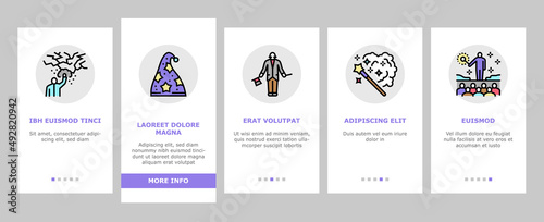 Magic Performing And Accessories Onboarding Mobile App Page Screen Vector. Rabbit In Hat Illusionist Magic Focus And Show, Crystal And Book, Card And Sphere, Potion Liquid And Fairy . Illustrations