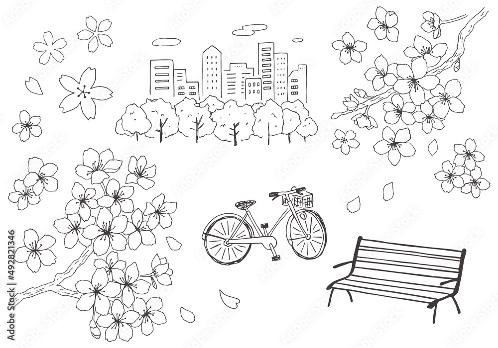 手描きの桜とベンチと自転車のイラスト モノクロ Stock Vector Adobe Stock