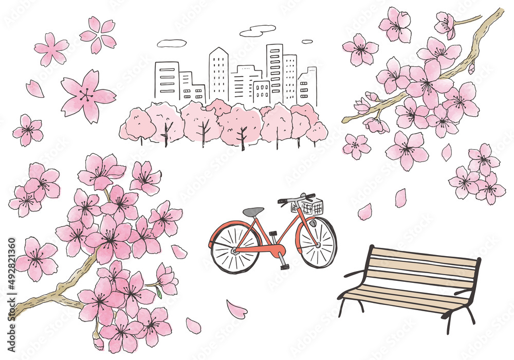 手描きの桜とベンチと自転車のイラスト カラー Stock Vector Adobe Stock