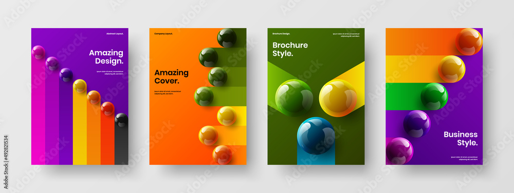Geometric 3D balls handbill illustration set. Abstract company cover A4 vector design concept collection.