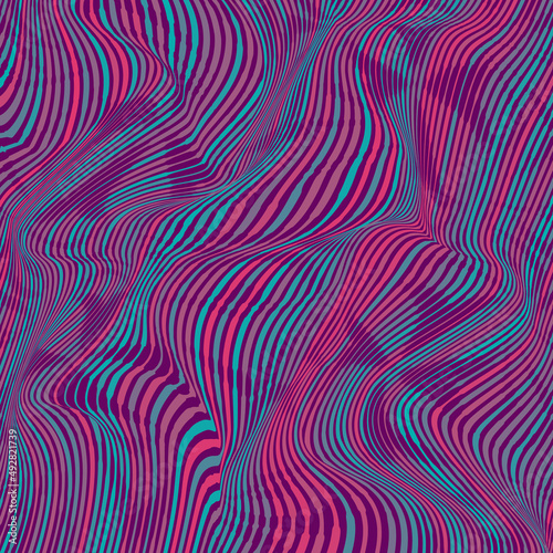 Vector warped lines colorful background. Modern abstract creative backdrop with multicolor variable width stripes. Twisted stripes optical illusion. Moire waves.