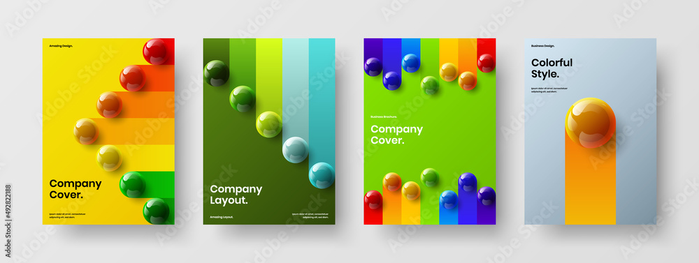 Vivid realistic balls book cover template collection. Bright brochure A4 vector design layout composition.
