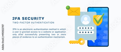 Two factor autentication security illustration banner Login confirmation notification with password code message envelope. Smartphone, mobile phone app account shield lock icons Isolated