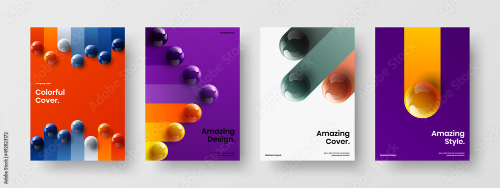 Clean company brochure vector design illustration set. Amazing realistic balls front page template bundle.