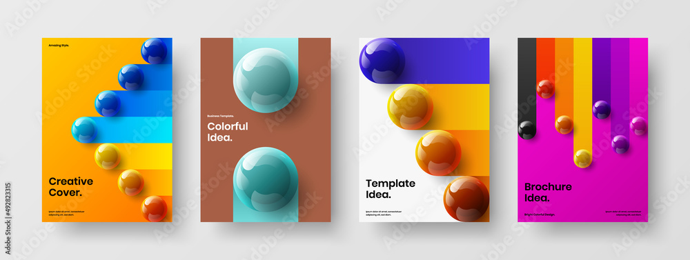 Clean magazine cover A4 design vector illustration set. Multicolored realistic spheres placard layout composition.