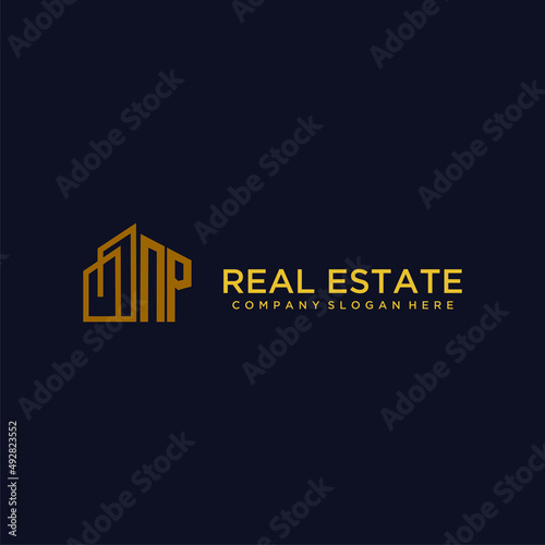 NP initial monogram logo for real estate with building style