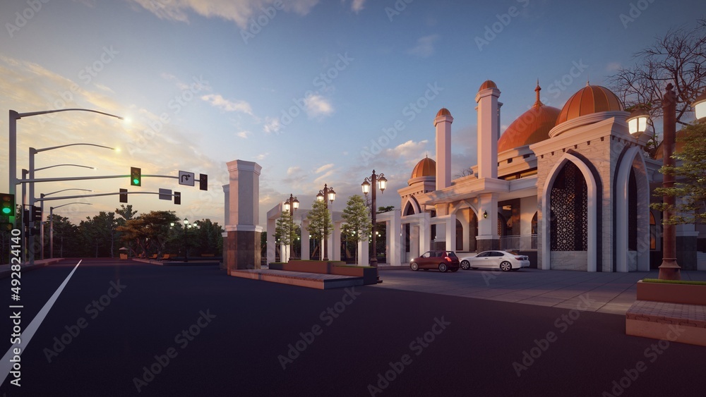 pray in mosque happy ramadhan and eid al fitr for islam in the world 3d illustration
