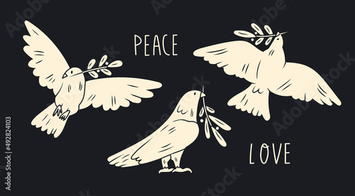Dove of peace. Flying and standing Birds with an olive branches. Peace and love, freedom, no war concept. Hand drawn modern Vector illustration. All elements are isolated. Support Ukraine