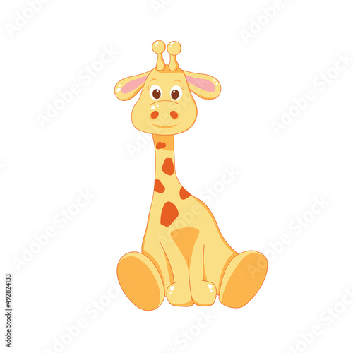 vector drawing of a sitting, cheerful giraffe in color, flat style