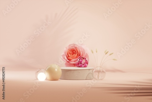 Fototapeta Naklejka Na Ścianę i Meble -  Minimal scene with rose flowers and spherical lights on the floor. Podium and Abstract Peach Fuzz is color trend of the Year 2024. Feminine copy space template 3d render