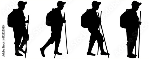 A woman in a sports cap, a backpack behind her back, shorts, a walking stick in her hands. An older woman is hiking. Hiking. Side view, profile. Black female silhouettes isolated on white background.
