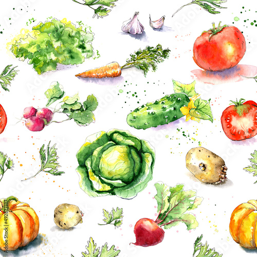 Fototapeta Naklejka Na Ścianę i Meble -  Vegitables seamless pattern. Colorful vegitables: tomato, cucumber, salad, beet, carrot, parsley, radish