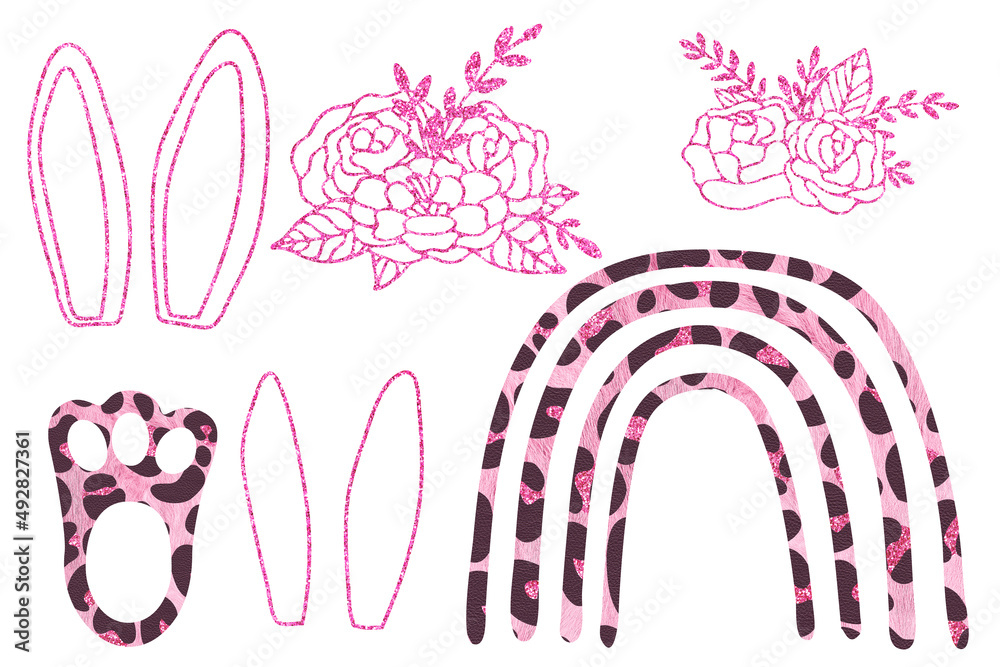 Pink modern Easter elements with leopard skin print. Glitter clip art set on white background Pink modern Easter elements with leopard skin print. Glitter clip art set on white background