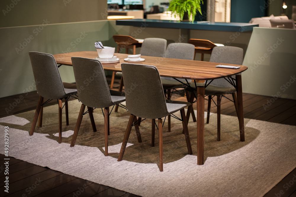 cozy dining set of table and upholstered chairs for six people