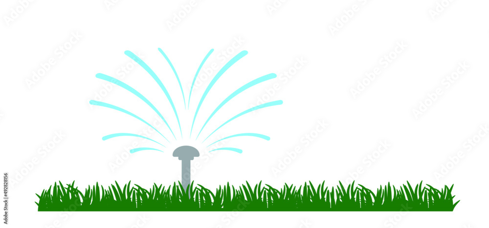 Grass lawn with garden sprinkler. Cartoon gras icon or pictogram. Irrigation system for drip watering lawn, field, or grass. Sprinkler irrigation symbol or logo. Sprinkling with water - obrazy, fototapety, plakaty 
