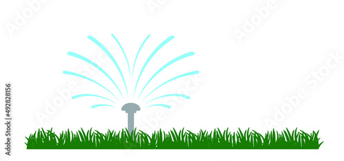 Grass lawn with garden sprinkler. Cartoon gras icon or pictogram. Irrigation system for drip watering lawn, field, or grass. Sprinkler irrigation symbol or logo. Sprinkling with water