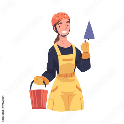 Young Woman Builder in Overall and Helmet with Bucket and Palette Knife Vector Illustration