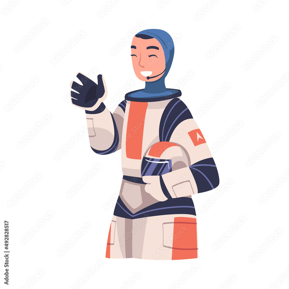 Young Woman Astronaut in Spacesuit and Helmet Waving Hand Vector Illustration Young Woman Astronaut in Spacesuit and Helmet Waving Hand Vector Illustration