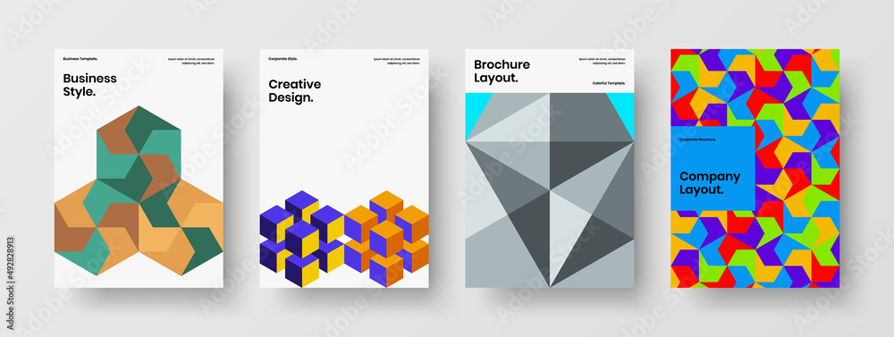 Simple company brochure design vector concept set. Trendy geometric hexagons book cover illustration composition.