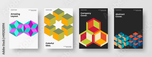 Fresh mosaic hexagons corporate brochure illustration collection. Trendy presentation vector design layout bundle.
